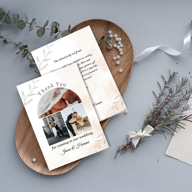 Tarjeta de agradecimiento de Boda con guión de mar (Ivory Script Wedding Thank You Card with 3 Photos)