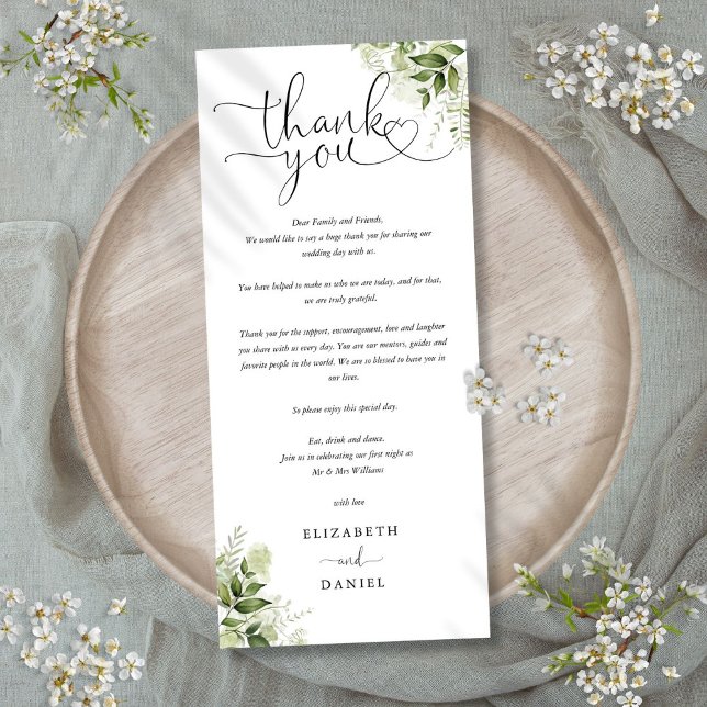 Tarjeta de agradecimiento de boda con guión de veg (Greenery Script Wedding Thank You Place Card)