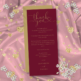 Tarjeta de agradecimiento de boda con guión dorado