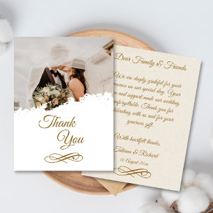 Tarjeta de agradecimiento de boda con guión dorado