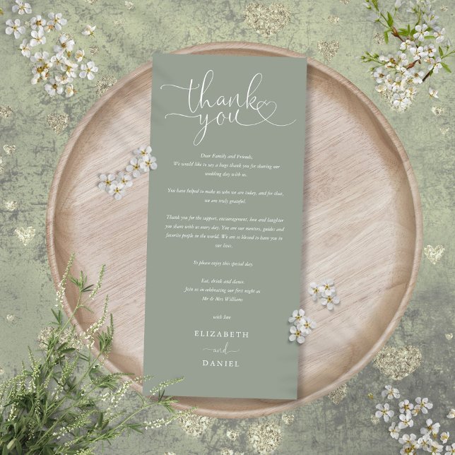 Tarjeta de agradecimiento de boda con guión en ver (Sage Green Script Wedding Thank You Place Card)