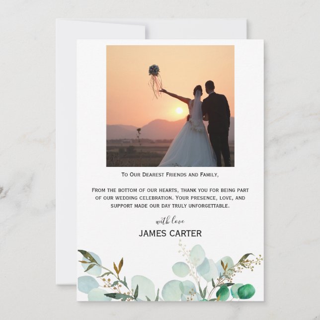 Tarjeta de agradecimiento de boda con guión minima (Reverso)
