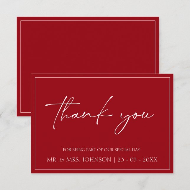 Tarjeta de agradecimiento de boda con guión rojo c (Anverso / Reverso)