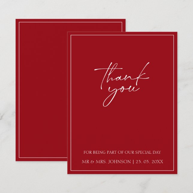Tarjeta de agradecimiento de boda con guión rojo e (Anverso / Reverso)