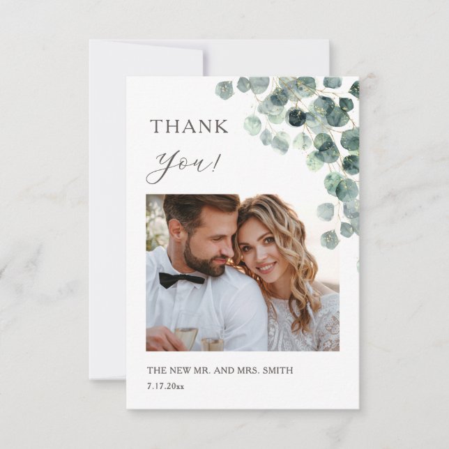 Tarjeta de agradecimiento de boda con hoja de euca (Anverso)