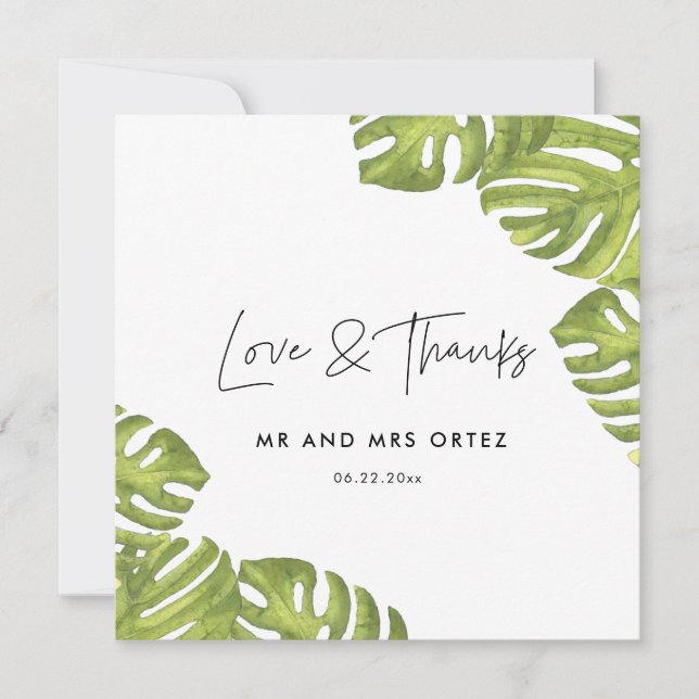 Tarjeta de agradecimiento de boda con hojas de pal (Anverso)