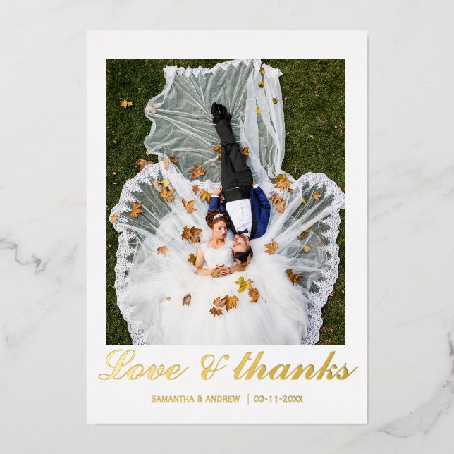 Tarjeta de agradecimiento de boda con lámina de fo (Anverso)