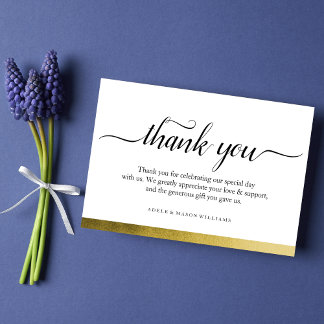 Tarjeta de agradecimiento de boda con lámina dorad