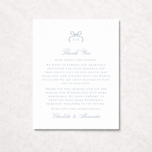 Tarjeta de agradecimiento de boda con lazo azul (Subido por el creador)