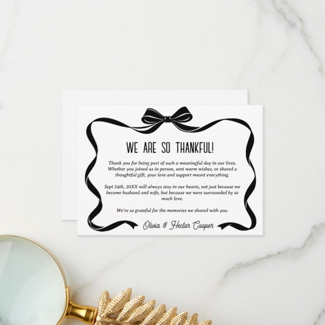 Tarjeta de agradecimiento de boda con lazo negro e (Anverso/Reverso In Situ)