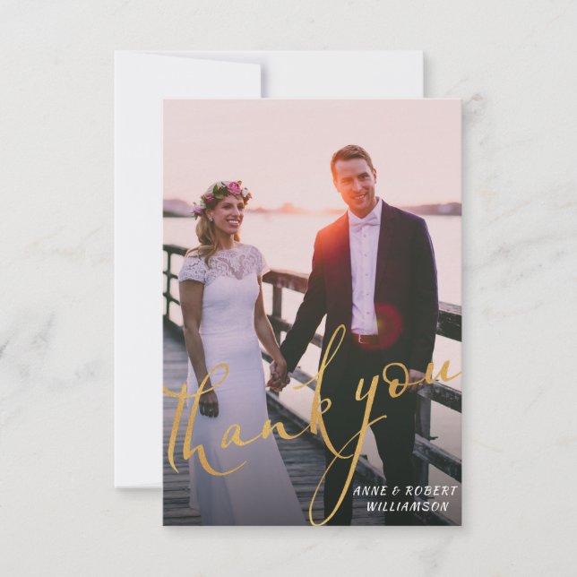 tarjeta de agradecimiento de boda con letra dorada (Anverso)