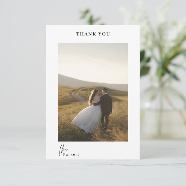 Tarjeta de agradecimiento de boda con letra modern (Anverso de pie)