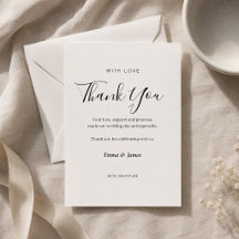 Tarjeta de agradecimiento de boda con letra script