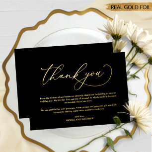 Tarjeta de agradecimiento de boda con papel de oro