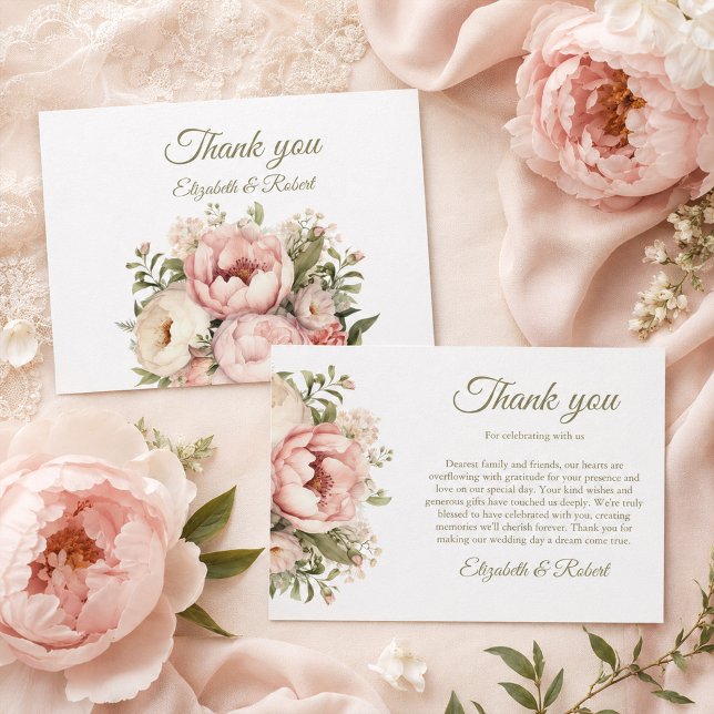 Tarjeta de agradecimiento de boda con peonía marfi (Blush & Ivory Peony Wedding Thank You Card)