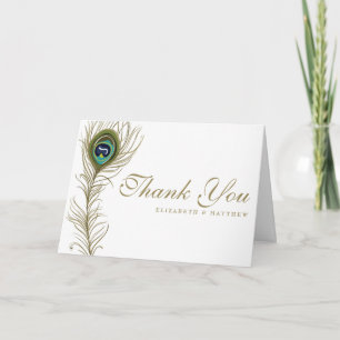 Tarjeta de agradecimiento de boda con pluma de pav