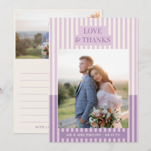 Tarjeta de agradecimiento de boda con rayas morada