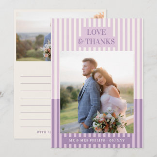 Tarjeta de agradecimiento de boda con rayas morada