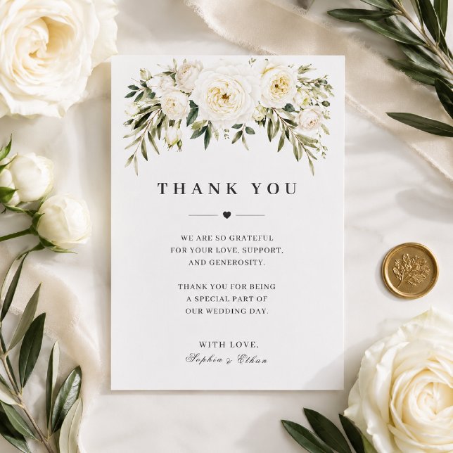 Tarjeta de agradecimiento de boda con rosas de jar (Elegant flat lay showcasing our White Garden Roses thank you card.)