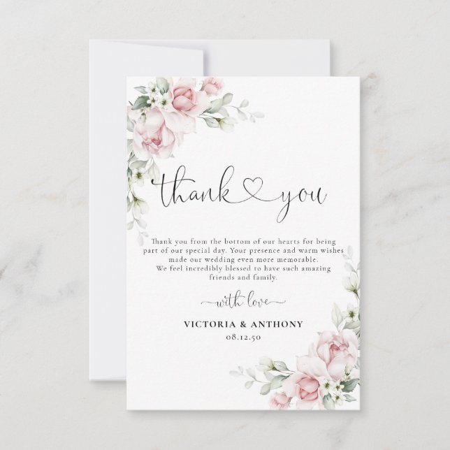 Tarjeta de agradecimiento de boda con rosas rosada (Anverso)