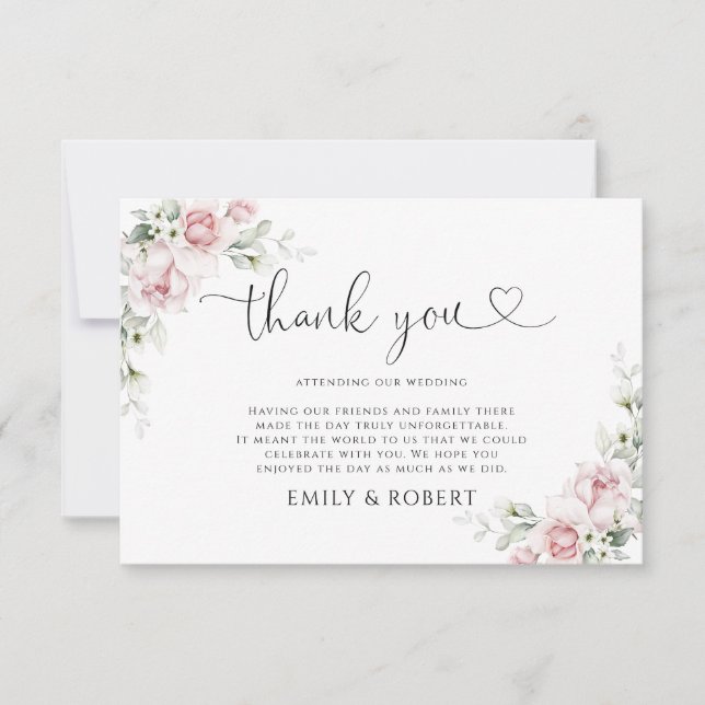 Tarjeta de agradecimiento de boda con rosas rosada (Anverso)