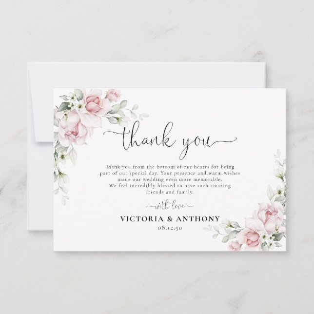 Tarjeta de agradecimiento de boda con rosas rosada (Anverso)