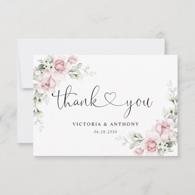 Tarjeta de agradecimiento de boda con rosas rosada (Anverso)
