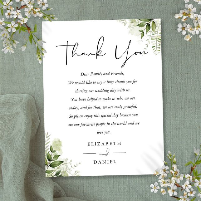 Tarjeta de agradecimiento de boda con vegetación f (Floral Greenery Thank You Wedding Place Card)