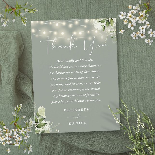 Tarjeta de agradecimiento de boda con verde salvia (Sage Green Greenery Thank You Wedding Place Card)