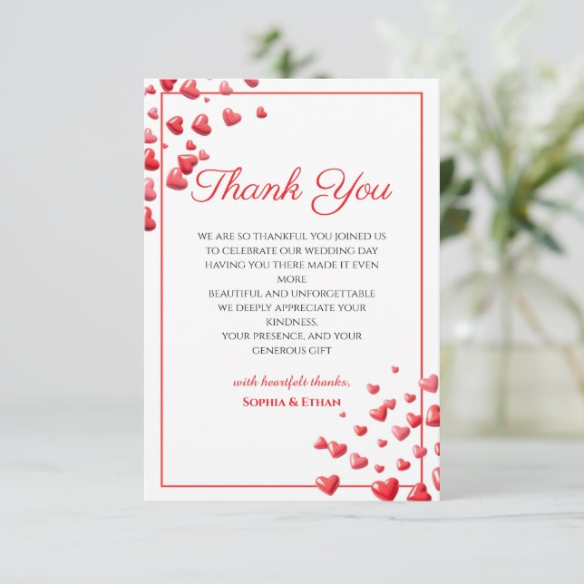 Tarjeta de agradecimiento de boda Corazones de ros (Anverso de pie)