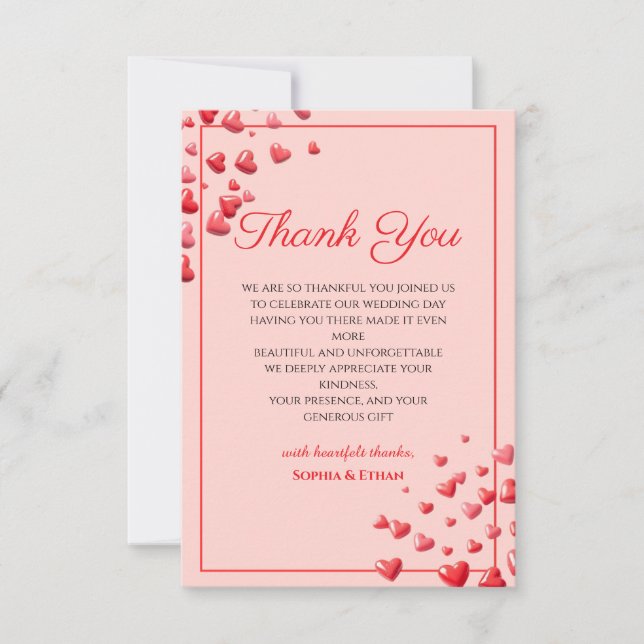 Tarjeta de agradecimiento de boda Corazones Rojos  (Anverso)