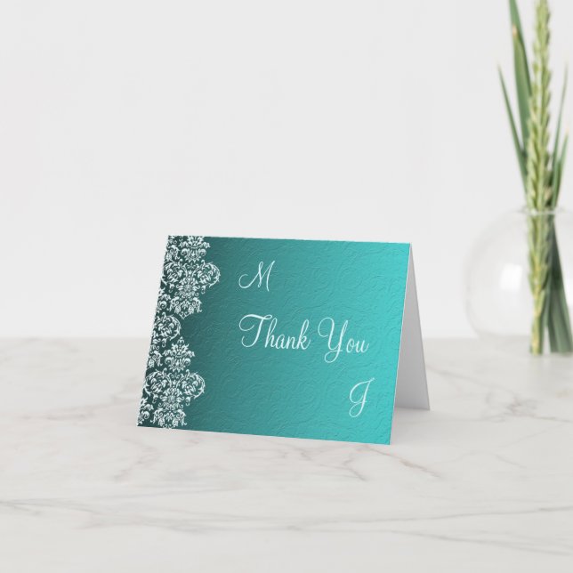 Tarjeta de agradecimiento de boda Damask Turquesa (Anverso)