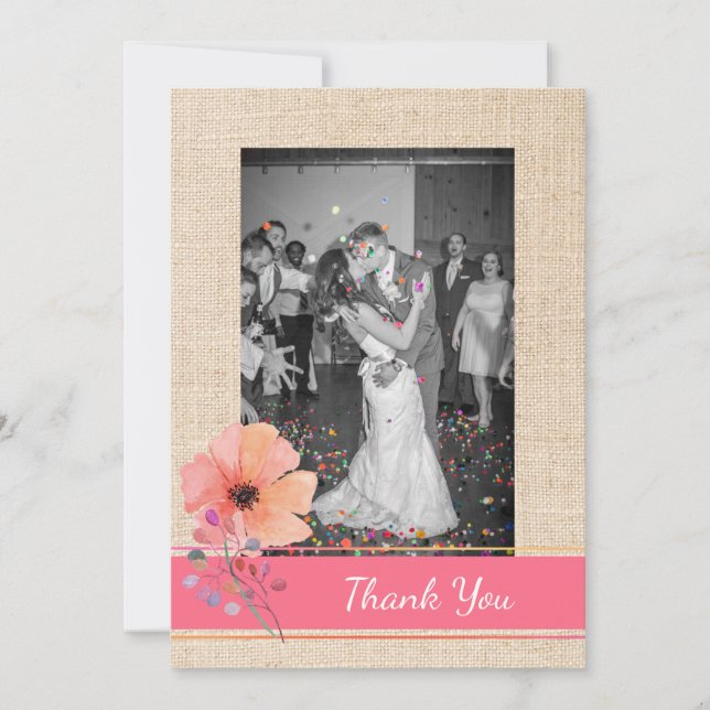 Tarjeta de agradecimiento de boda de arpillera y c (Anverso)