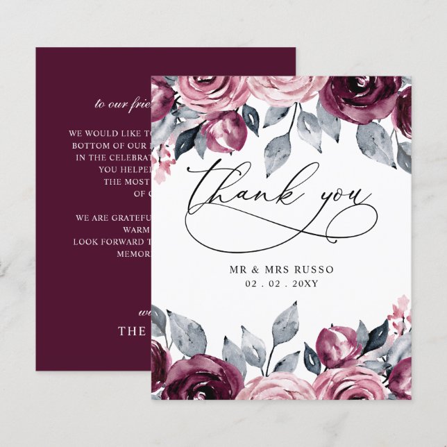 Tarjeta de agradecimiento de boda de borgoña con r (Anverso / Reverso)