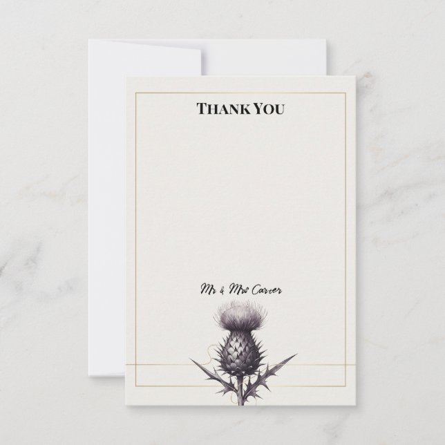 Tarjeta de agradecimiento de boda de cardo monocro (Anverso)