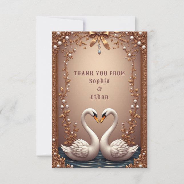 Tarjeta de agradecimiento de boda de cisne en oro  (Anverso)