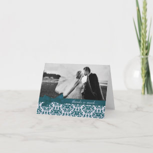Tarjeta de agradecimiento de boda de damasco azul