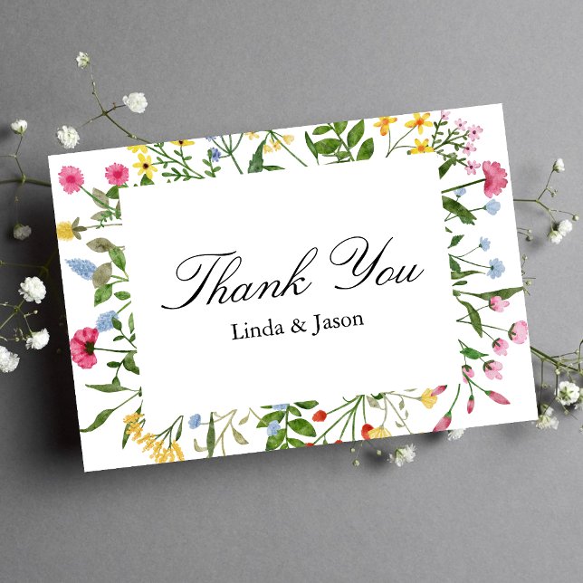 Tarjeta de agradecimiento de boda de flores silves (Modern colorful wildflowers thank you card shares heartfelt gratitude with a cheerful touch)