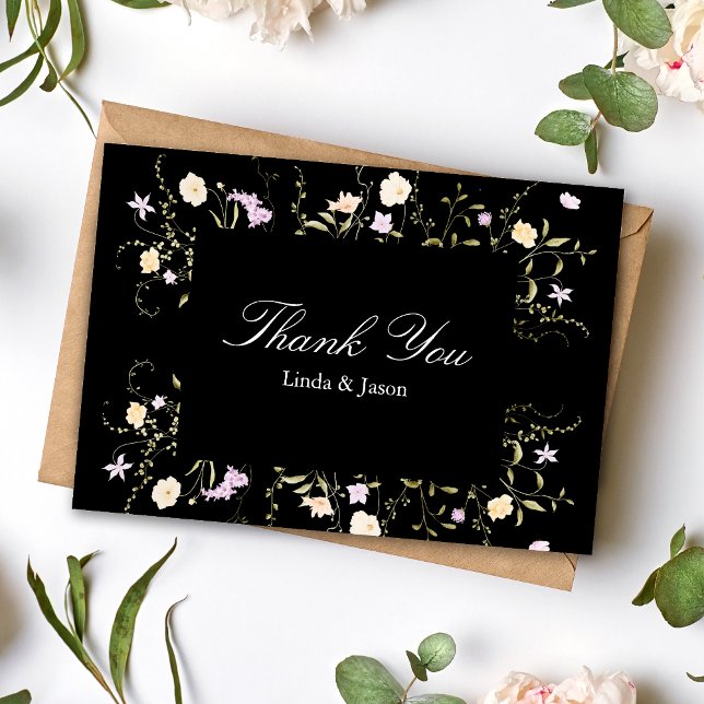 Tarjeta de agradecimiento de boda de flores silves (Black and white wildflowers thank you card shares heartfelt gratitude with elegant floral charm.)