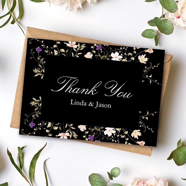 Tarjeta de agradecimiento de boda de flores silves (Elegant black wildflowers wedding thank you card expresses heartfelt gratitude with timeless style)