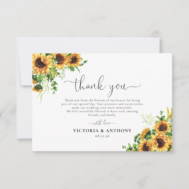 Tarjeta de agradecimiento de boda de girasol (Anverso)