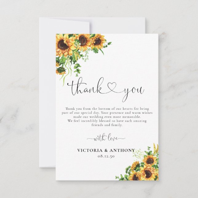 Tarjeta de agradecimiento de boda de girasol (Anverso)