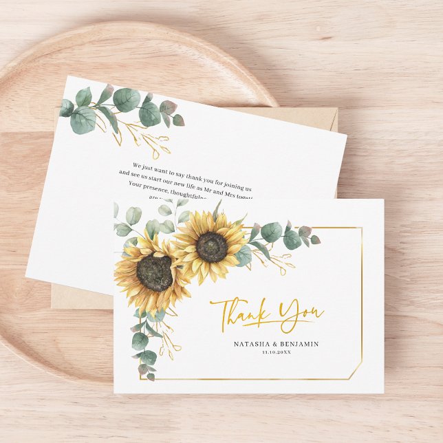Tarjeta de agradecimiento de boda de girasol eucal (Sunflower Floral Script Wedding Thank You Card)