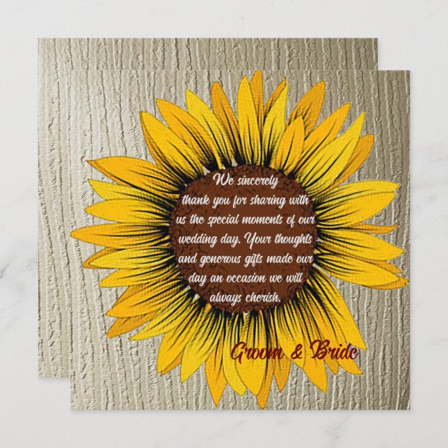Tarjeta de agradecimiento de boda de girasoles (Anverso / Reverso)