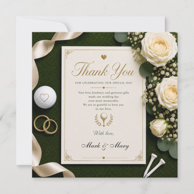 Tarjeta de agradecimiento de boda de golf con rosa (Anverso)