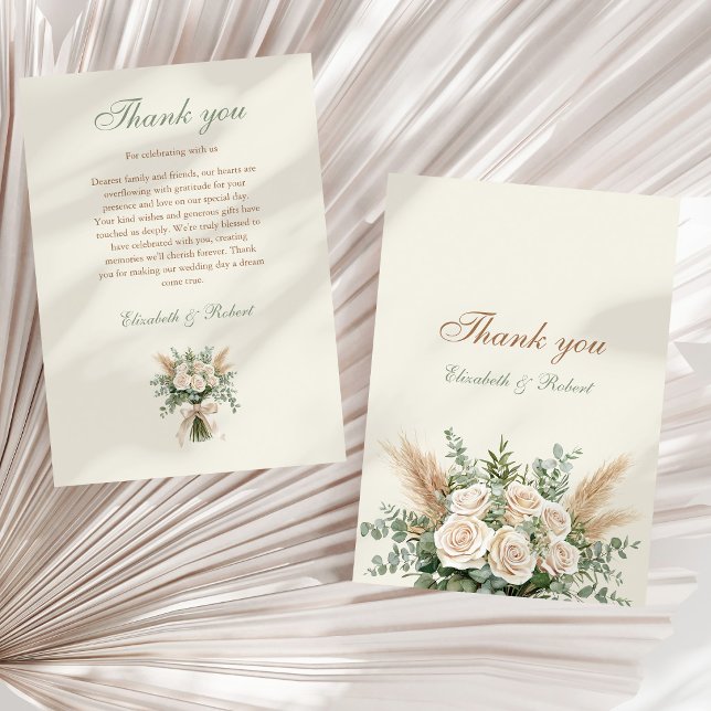 Tarjeta de agradecimiento de boda de hierba de Pam (Elegant Beige Pampas Grass Wedding Thank You Card on a neutral dry palm leaf)
