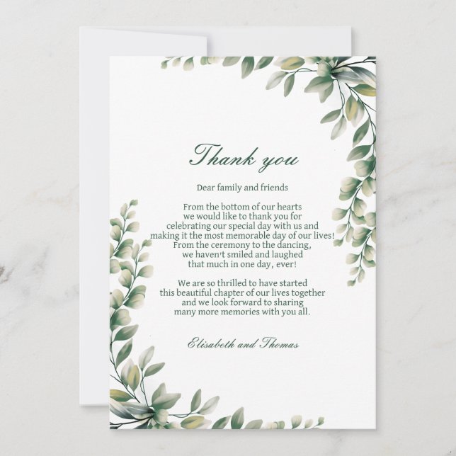 tarjeta de agradecimiento de boda de hojas de euca (Anverso)