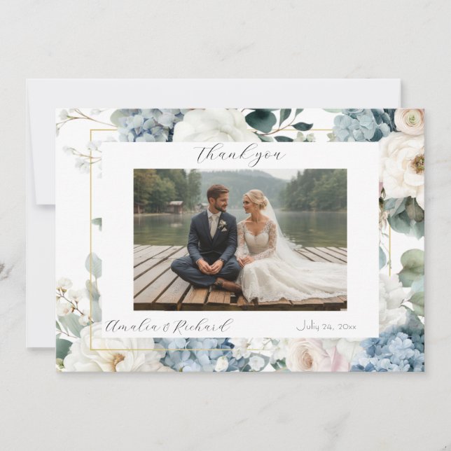 Tarjeta de agradecimiento de boda de Hortensia azu (Anverso)