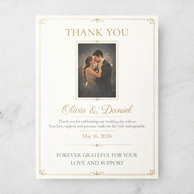 Tarjeta de agradecimiento de boda de lujo con foto (Elegant Gold Wedding Thank You Card — Romantic Photo Design for Modern Couples)