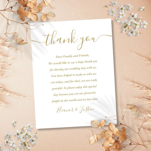 Tarjeta de agradecimiento de boda de oro (Script Thank You Gold Wedding Place Card)